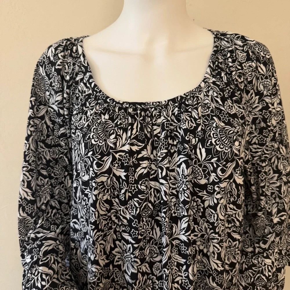 NWT Michael Kors Women 2X Blouse Black White Floral Bell Sleeve Cotton Modal Top